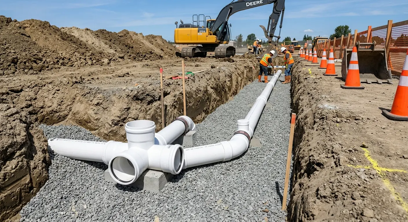 New PVC sewer pipe installation in open trench for Sewer Backup in Hempfield