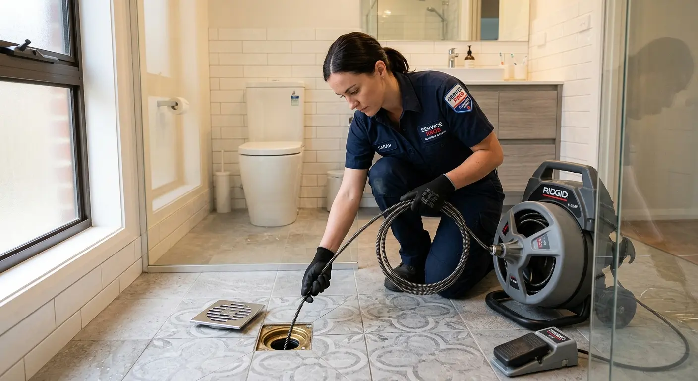 Technician clearing a bathroom floor drain for Drain Cleaning in Hempfield